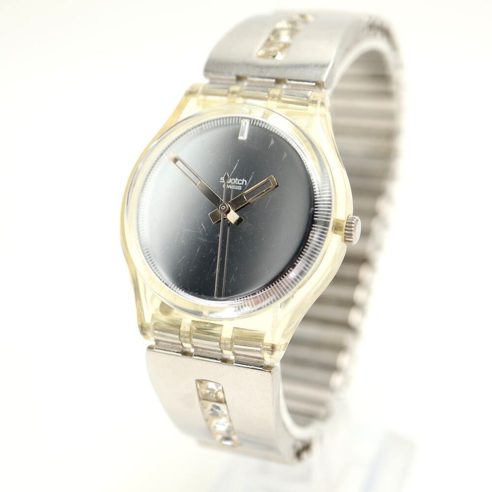 Swatch WATERDROPS Silver Tone Mirror Swiss 34mm Watch Stretch Band w New Battery
